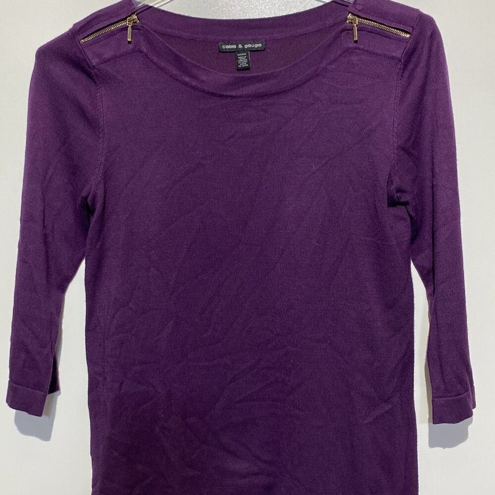 Cable & Gauge Womens Purple 3/4 Sleeve Zipper Shoulder Boat Neck Sweater Medium